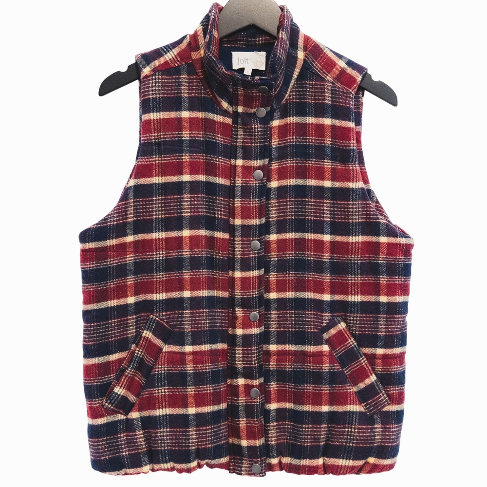 Jolt Flannel Puffer Vest Womens L Dark Red Navy Blue Plaid Gorpcore Cabincore